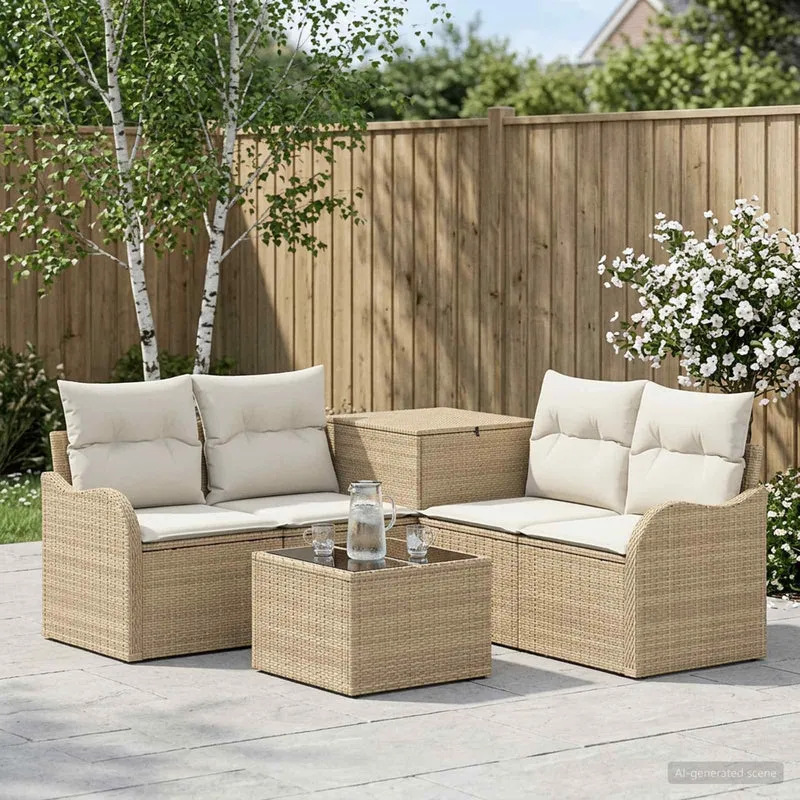 Soffset 6 st Beige och krämvit Poly Rattan och stål