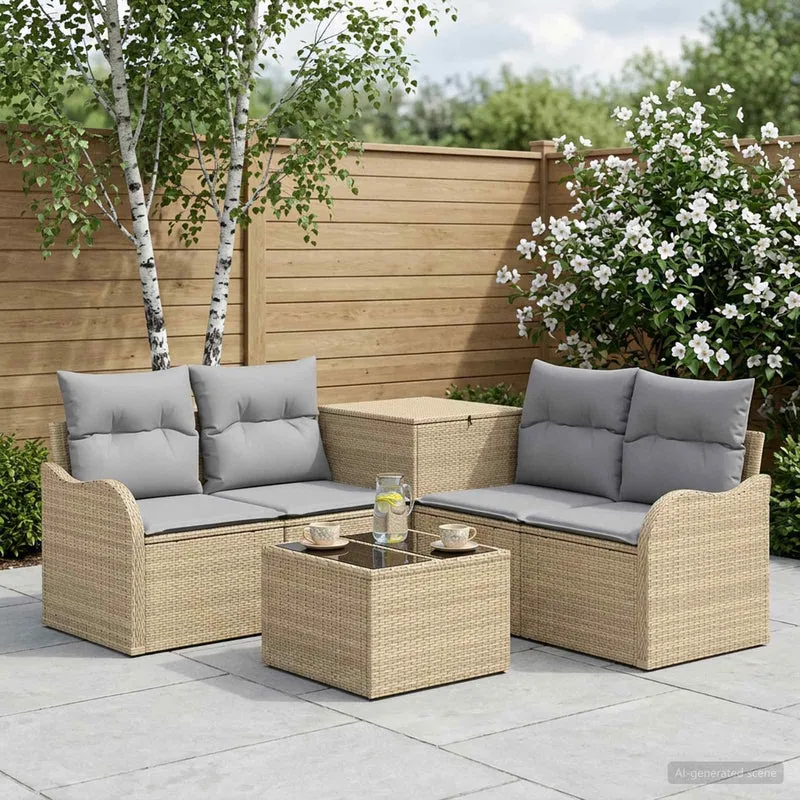 Soffset 6 st Beige och Ljusgrå Poly Rattan och stål