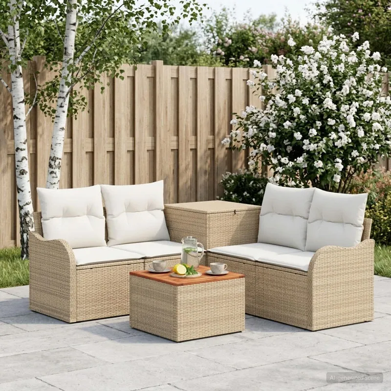 Soffset 6 st Beige och krämvit Poly Rattan och stål