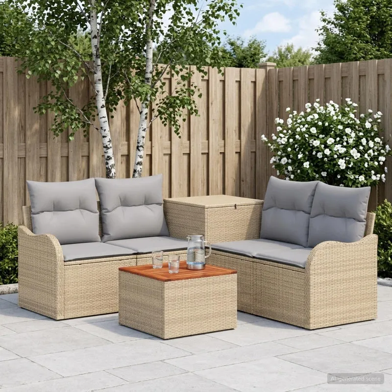 Soffset 6 st Beige och Ljusgrå Poly Rattan och stål