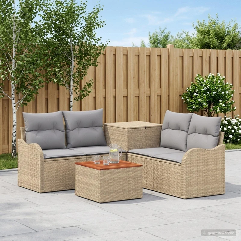 Soffset 6 st Beige och Ljusgrå Poly Rattan och stål