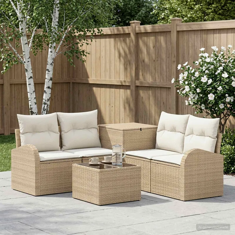Soffset 6 st Beige och krämvit Poly Rattan och stål