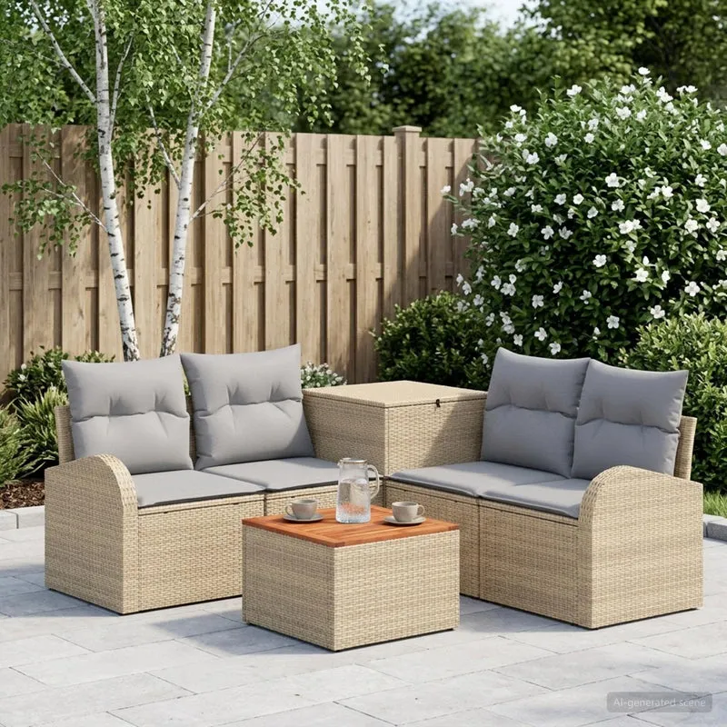 Soffset 6 st Beige och Ljusgrå Poly Rattan och stål
