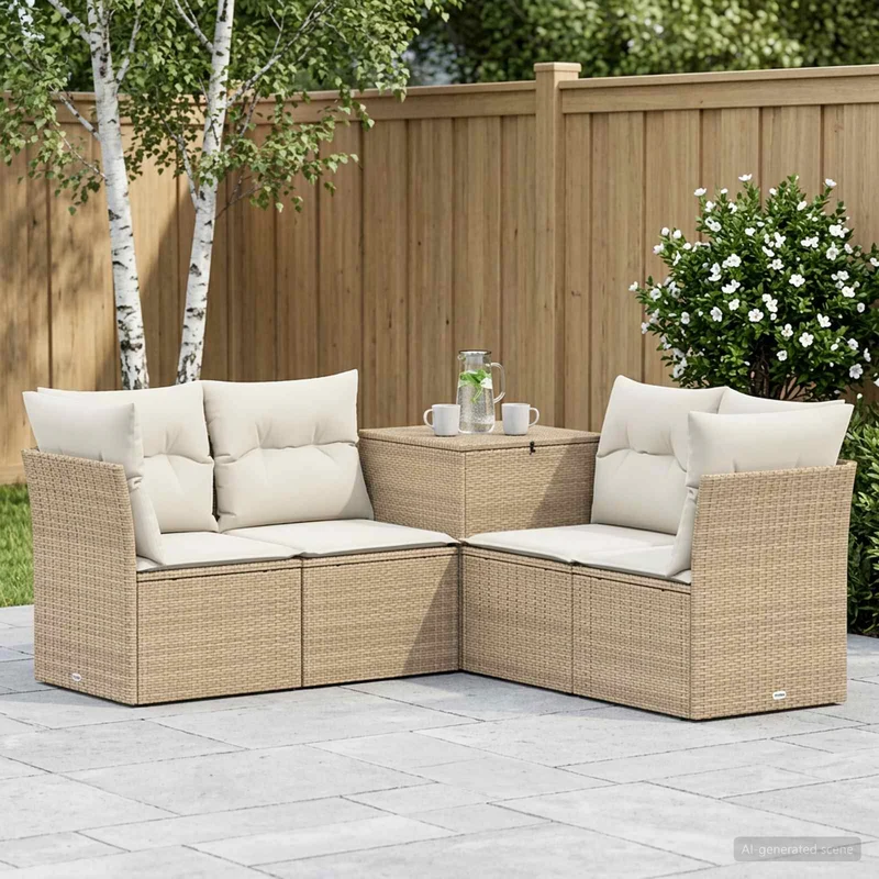 Soffset 5 st Beige och krämvit Poly Rattan och stål