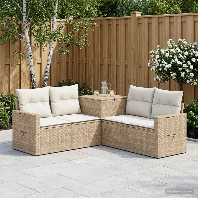Soffset 5 st Beige och krämvit Poly Rattan och stål