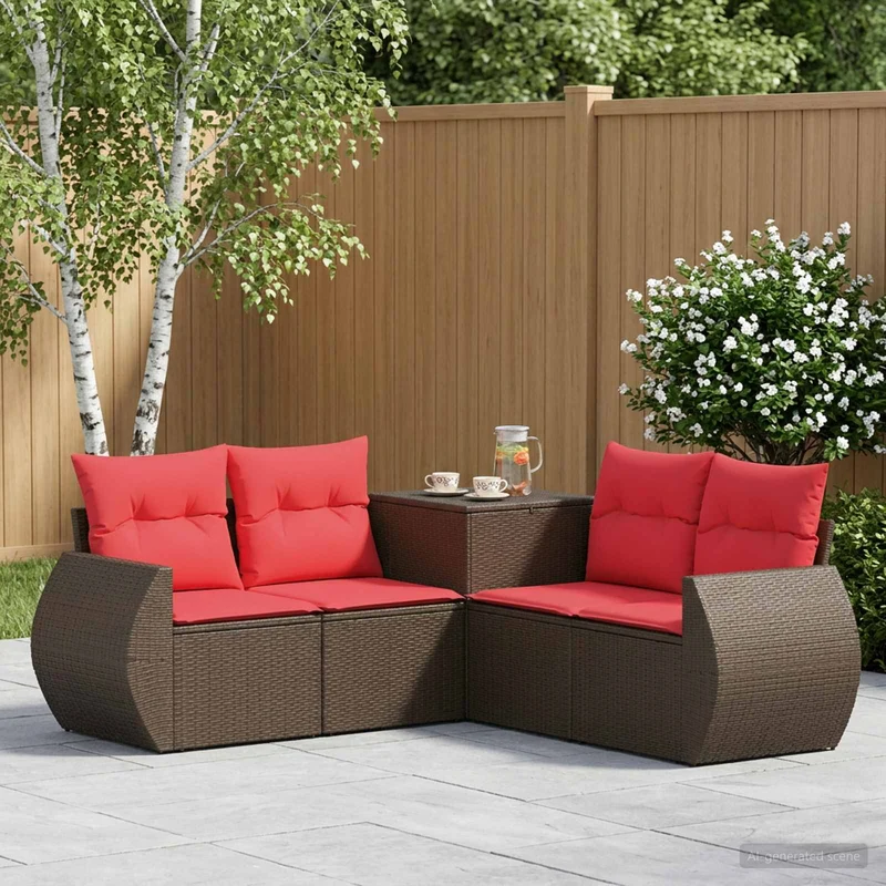 Soffset 5 st Brun och Röd Poly Rattan och stål