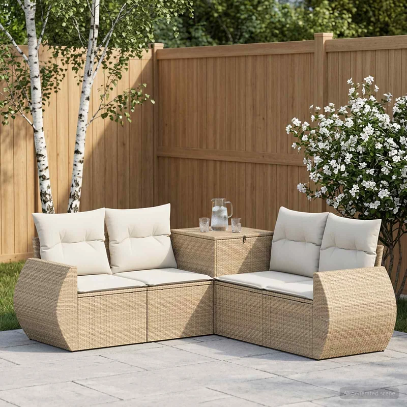 Soffset 5 st Beige och krämvit Poly Rattan och stål