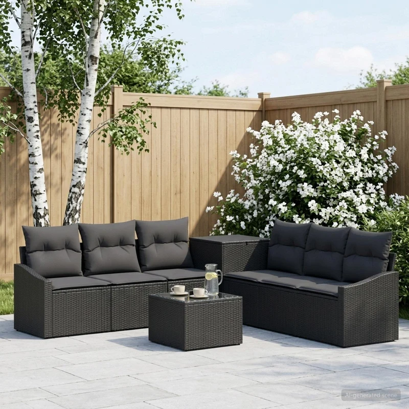 Soffset 8 st Svart Poly Rattan och stål