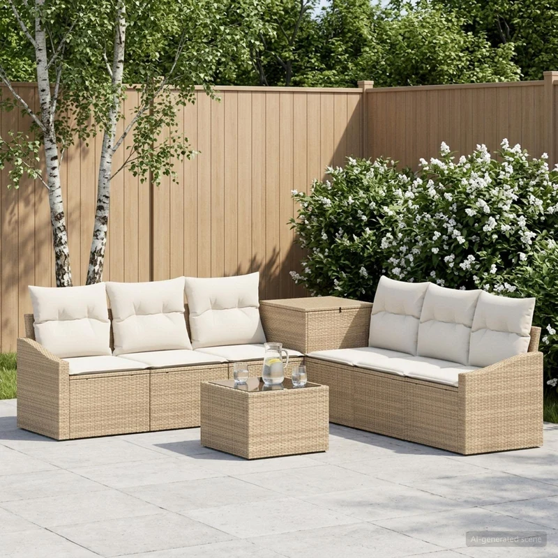 Soffset 8 st Beige och krämvit Poly Rattan och stål