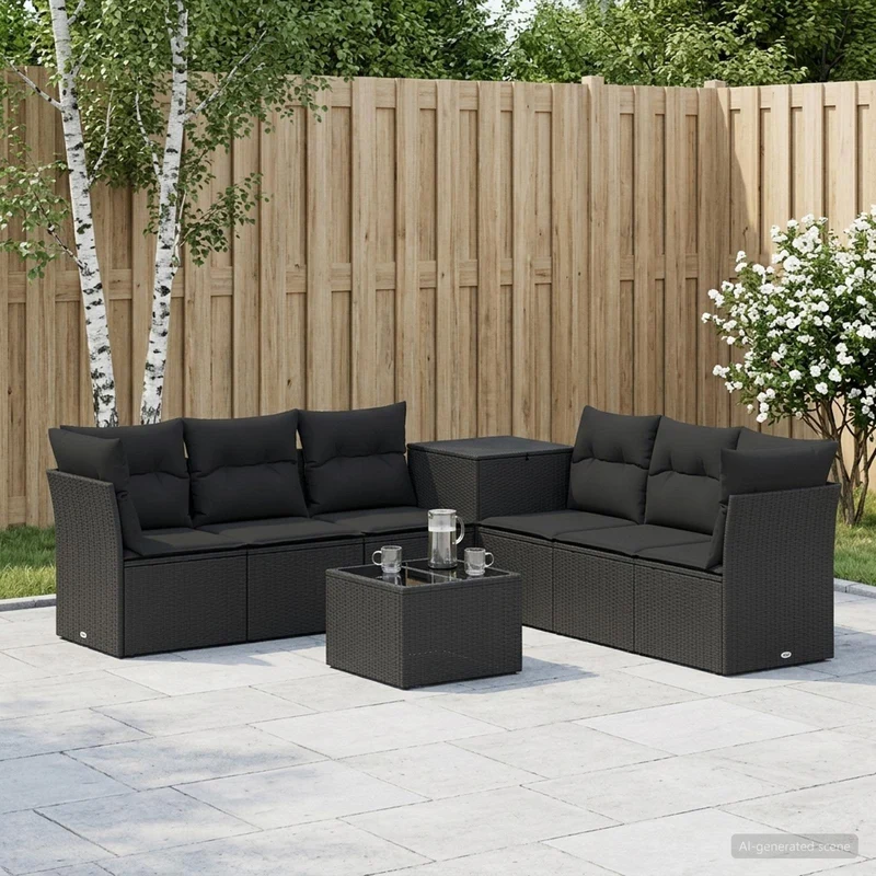 Soffset 8 st Svart Poly Rattan och stål