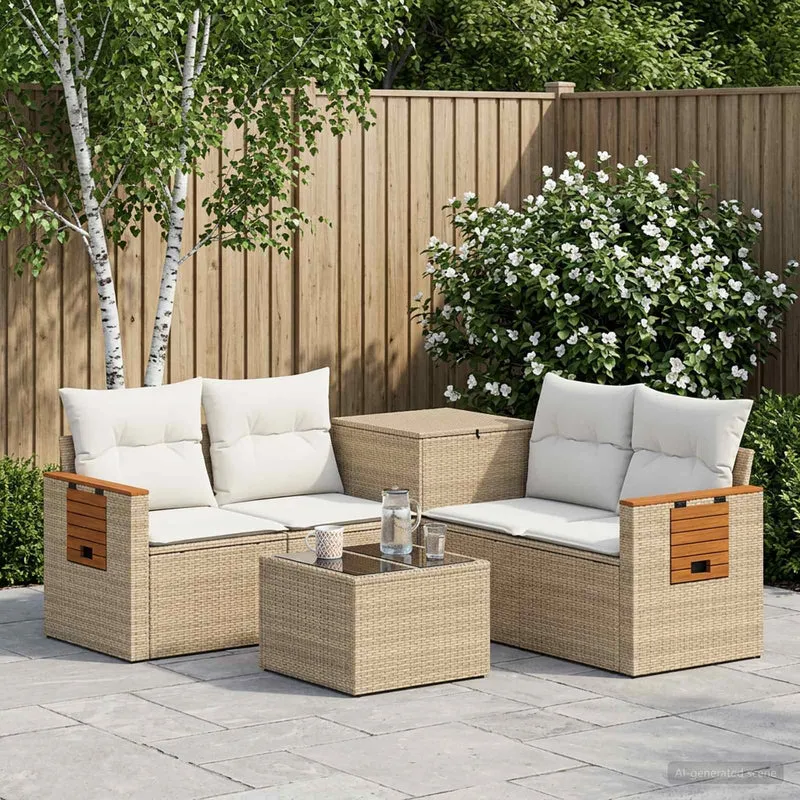 Soffset 6 st Beige och krämvit Poly Rattan och stål
