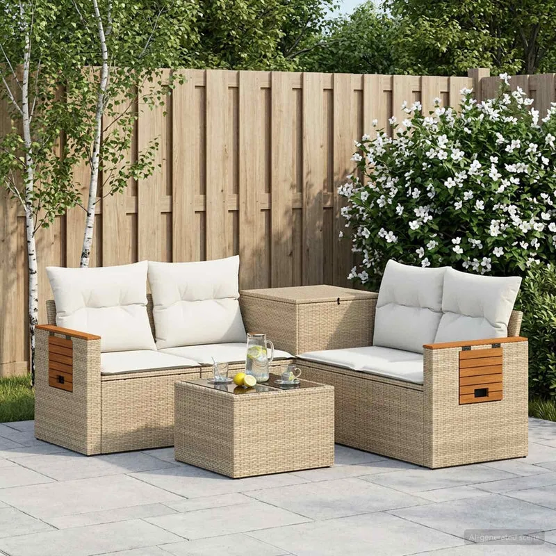 Soffset 6 st Beige och krämvit Poly Rattan och stål
