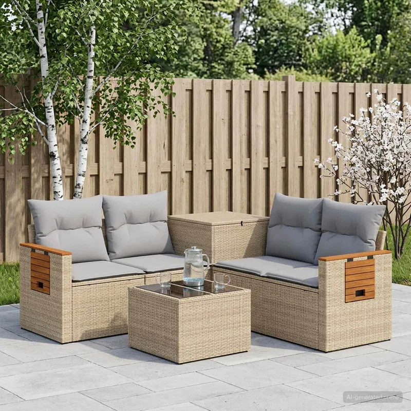 Soffset 6 st Beige och Ljusgrå Poly Rattan och stål