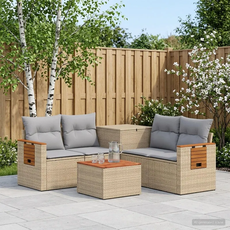 Soffset 6 st Beige och Ljusgrå Poly Rattan och stål