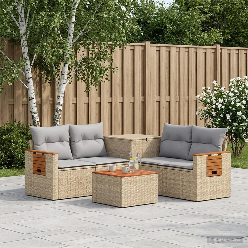 Soffset 6 st Beige och Ljusgrå Poly Rattan och stål