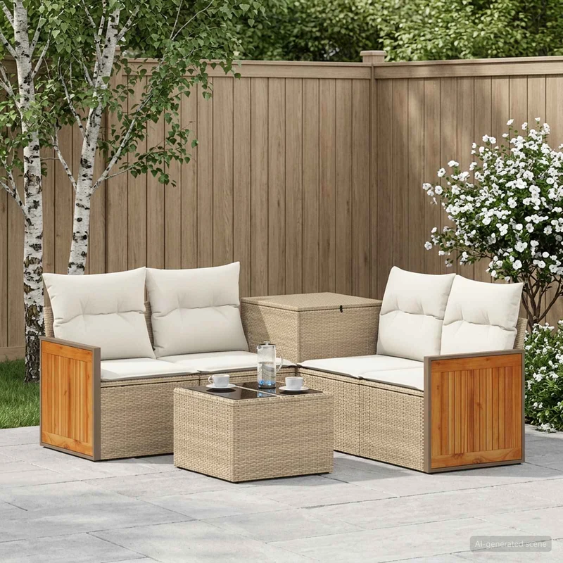 Soffset 6 st Beige och krämvit Poly Rattan och stål