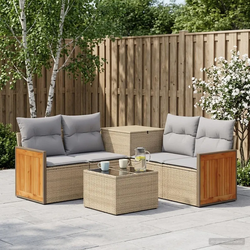 Soffset 6 st Beige och Ljusgrå Poly Rattan och stål