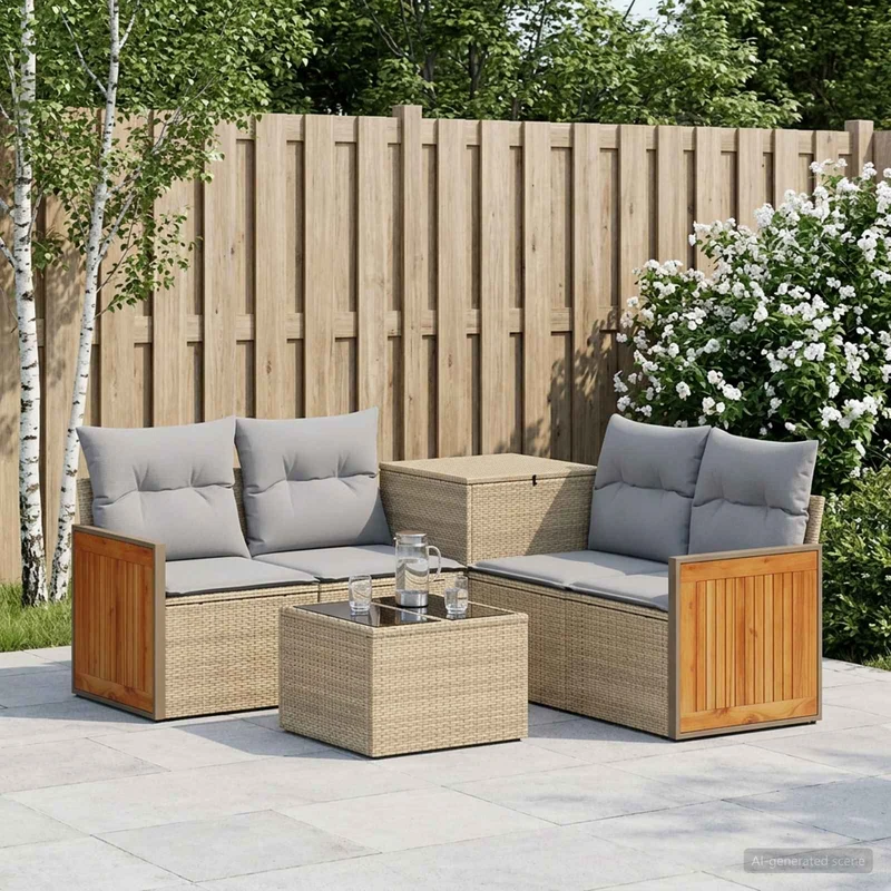 Soffset 6 st Beige och Ljusgrå Poly Rattan och stål