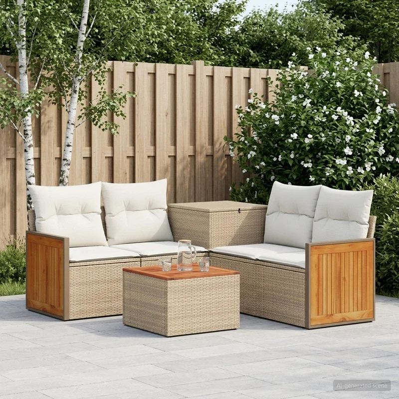Soffset 6 st Beige och krämvit Poly Rattan och stål