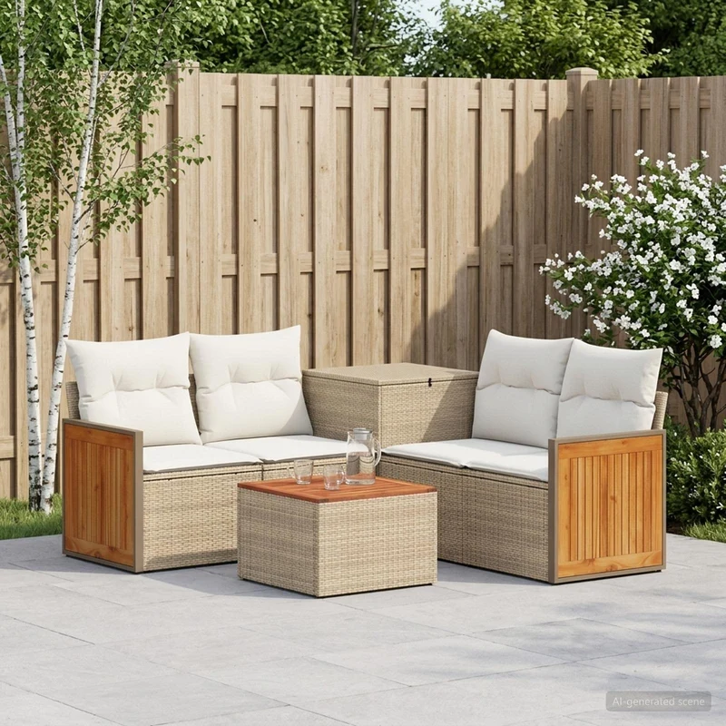 Soffset 6 st Beige och krämvit Poly Rattan och stål