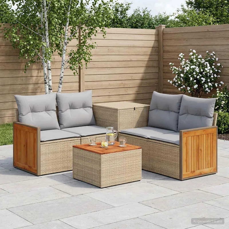 Soffset 6 st Beige och Ljusgrå Poly Rattan och stål