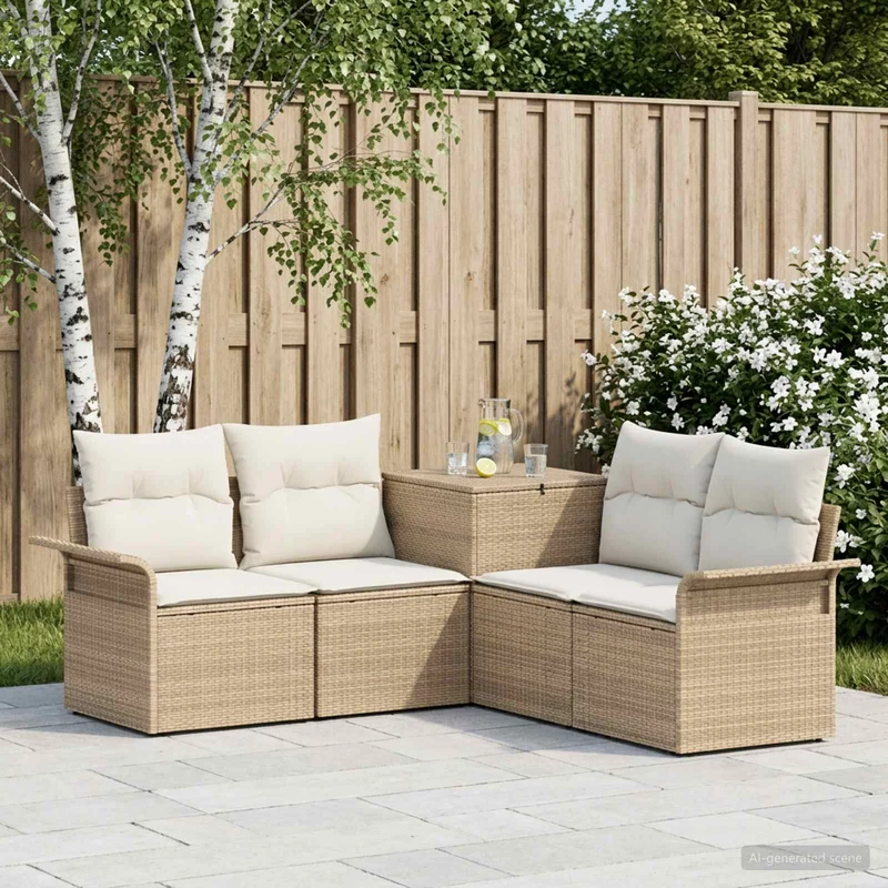 Soffset 5 st Beige och krämvit Poly Rattan och stål