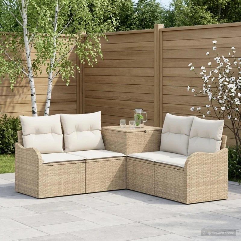 Soffset 5 st Beige och krämvit Poly Rattan och stål