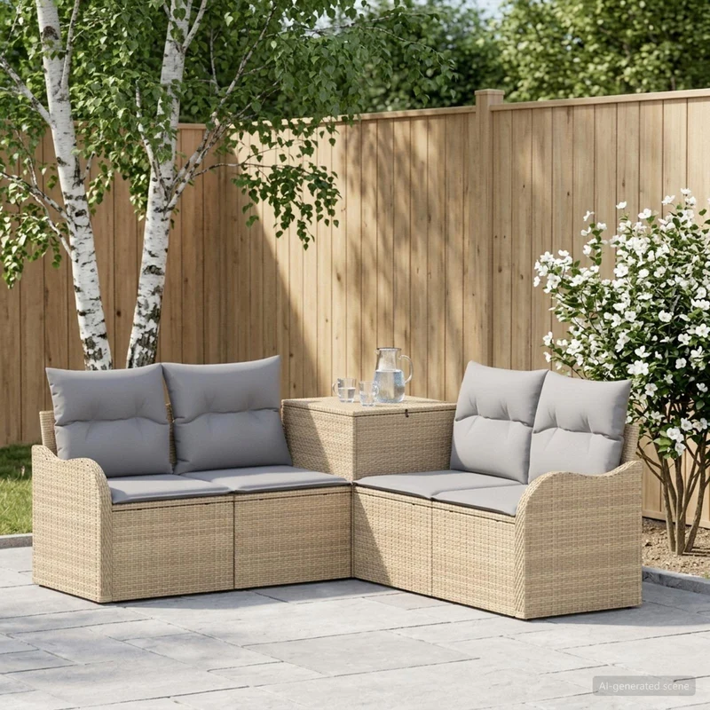 Soffset 5 st Beige och Ljusgrå Poly Rattan och stål