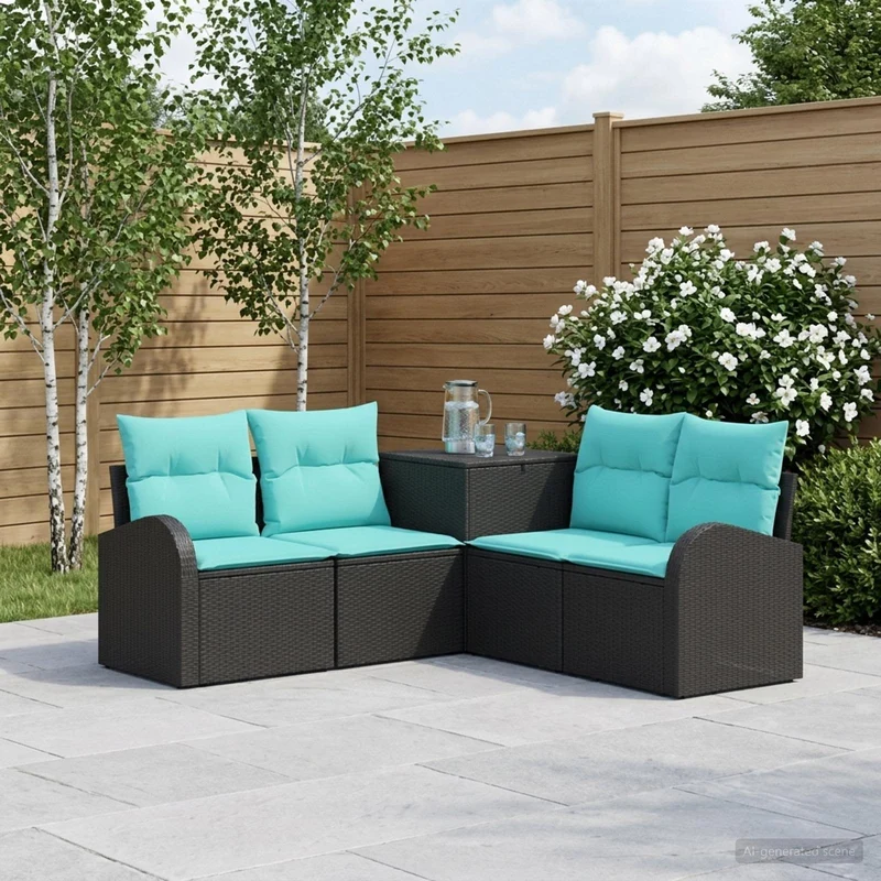 Soffset 5 st Svart och blå Poly Rattan och stål