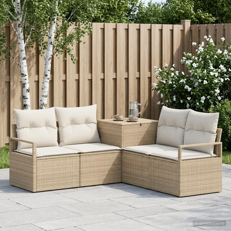 Soffset 5 st Beige och krämvit Poly Rattan och stål